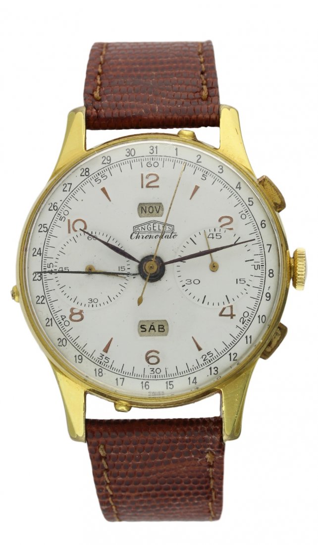 A GENTLEMAN'S STEEL & GOLD FILLED ANGELUS CHRONODATO: A GENTLEMAN'S STEEL & GOLD FILLED ANGELUS CHRONODATO CHRONOGRAPH WRISTWATCH CIRCA 1950 D: Silver dial with gilt Roman numerals & markers, triple register recording minutes & continuous seconds, outer