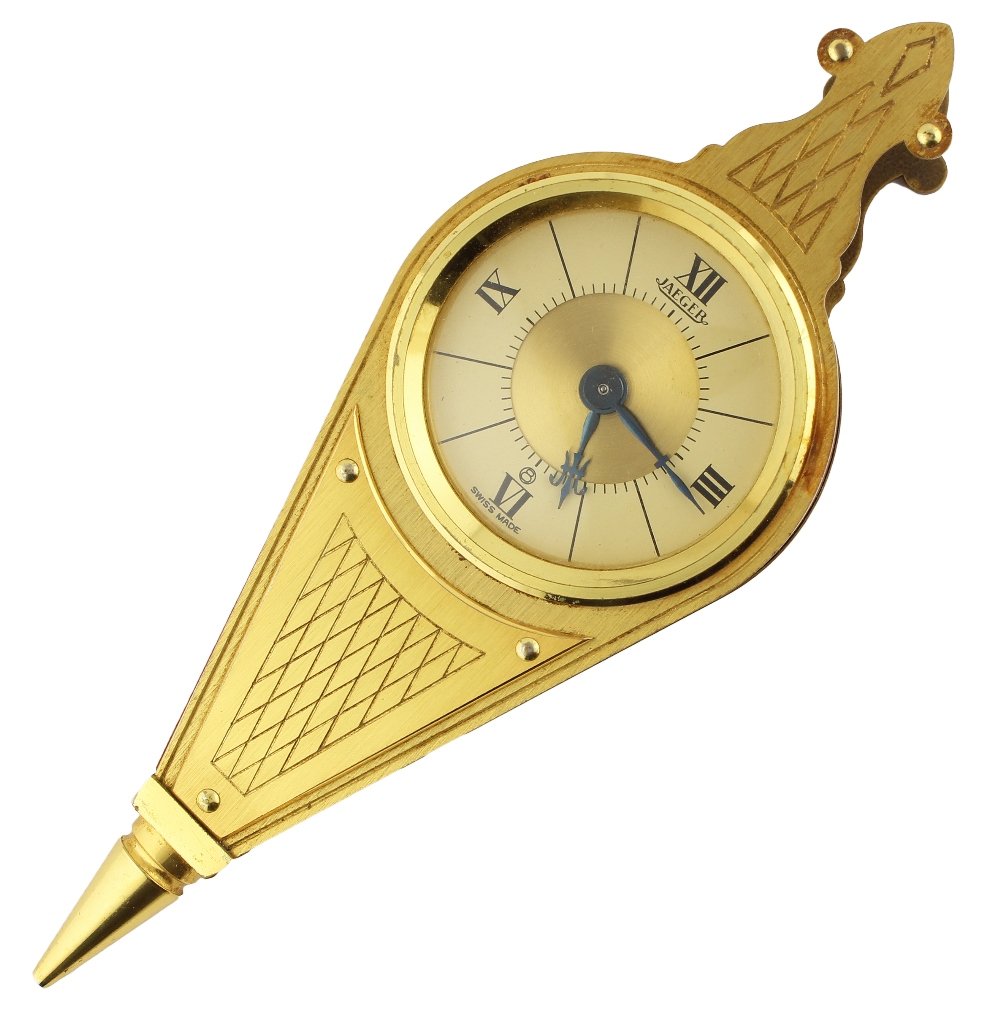AN UNUSUAL 8 DAY GILT AND LEATHER CASED JAEGER ALARM: AN UNUSUAL 8 DAY GILT AND LEATHER CASED JAEGER ALARM DESK /WALL CLOCK IN THE SHAPE OF BELLOWS CIRCA 1960'S D: A two tone dial with quarterly Roman numerals. M: A manual wind 8 day movement signed Jaeg