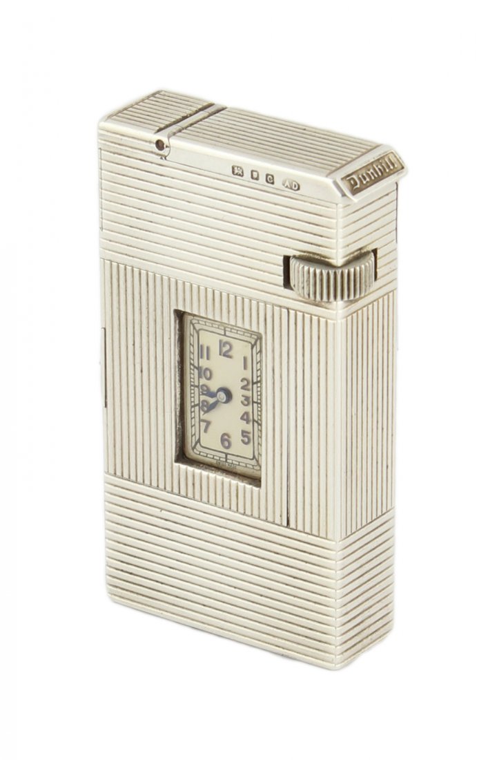 A FINE & RARE SOLID SILVER DUNHILL BROAD BOY WATCH: A FINE & RARE SOLID SILVER DUNHILL BROAD BOY WATCH LIGHTER CIRCA 1938 WITH ORIGINAL BOX, SWEDISH ROYAL FAMILY CREST WITH ENITIALS M.B (MULLE BERNADOTTE) D: Silver dial with raised Arabic numerals & ou