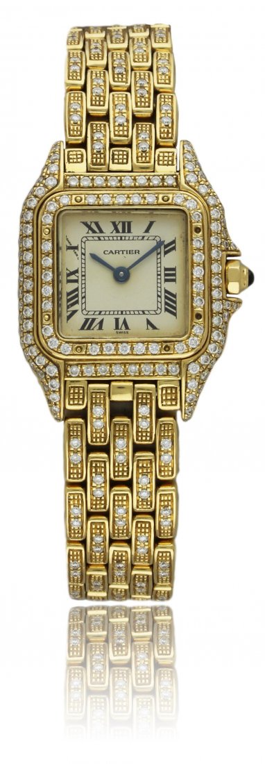 A FINE LADIES 18K SOLID GOLD & DIAMOND CARTIER PANTHERE: A FINE LADIES 18K SOLID GOLD & DIAMOND CARTIER PANTHERE BRACELET WATCH DATED 1990s D: Silver dial with applied Roman numerals & inner minute track, secret signature at X. M: Quartz movement signed Car