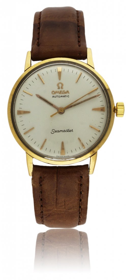 A GENTLEMAN'S 18K SOLID PINK GOLD OMEGA SEAMASTER: A GENTLEMAN'S 18K SOLID PINK GOLD OMEGA SEAMASTER WRISTWATCH CIRCA 1960's, REF. 526984 D: Silver dial with pink gold batons. M: 24 jewel automatic movement, signed Omega Watch Co & numbered, calibre 5