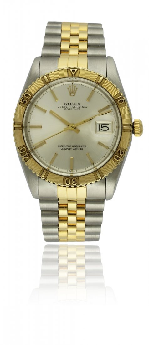 A RARE GENTLEMAN'S STEEL & GOLD ROLEX OYSTER PERPETUAL: A RARE GENTLEMAN'S STEEL & GOLD ROLEX OYSTER PERPETUAL DATEJUST "TURN-O-GRAPH" BRACELET WATCH CIRCA 1978, REF. 1625 WITH "THUNDERBIRD" BEZEL D: Silver dial with gilt batons & hands, date aperture. M: