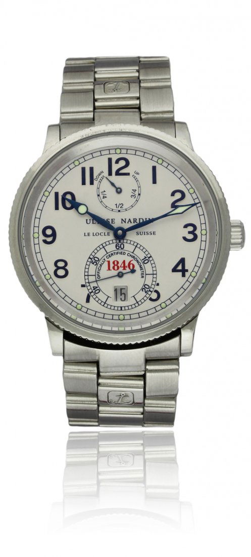 A GENTLEMAN'S STAINLESS STEEL ULYSSE NARDIN MARINE: A GENTLEMAN'S STAINLESS STEEL ULYSSE NARDIN MARINE CHRONOMETER 1846 BRACELET WATCH DATED 1998, REF. 263-22, WITH ORIGINAL PAPERWORK & CHRONOMETER CERTIFICATE D: Silver "up and down" dial with raised b