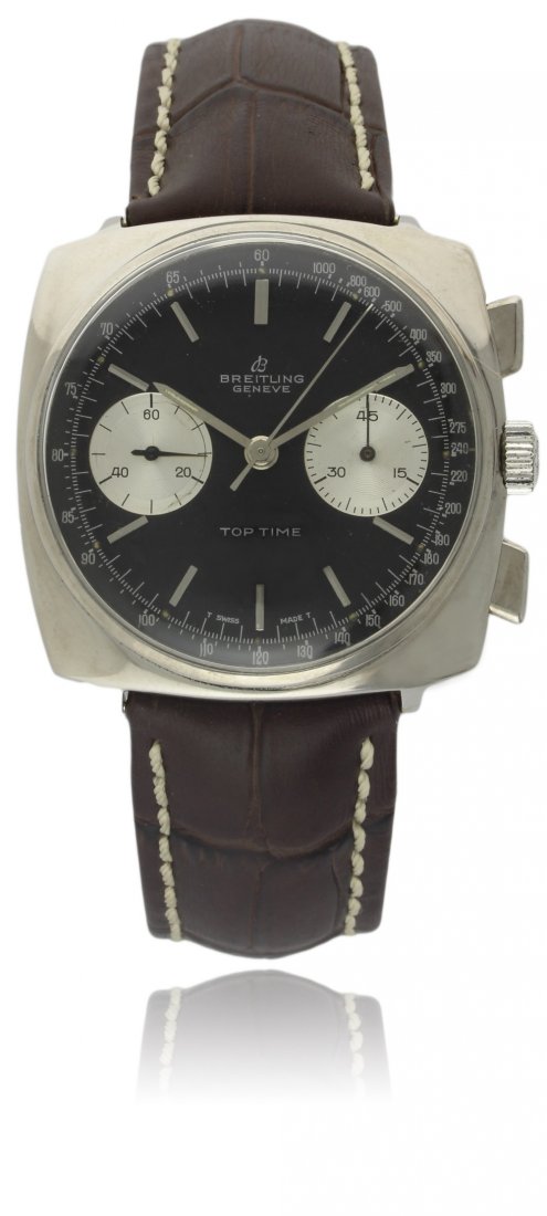 A RARE GENTLEMAN'S STAINLESS STEEL BREITLING TOP TIME: A RARE GENTLEMAN'S BREITLING TOP TIME CHRONOGRAPH WRISTWATCH CIRCA 1960s, REF. 2006 D: Black & silver dial with silver batons, double register recording minutes & continuous seconds. M: 17 jewel Valjo