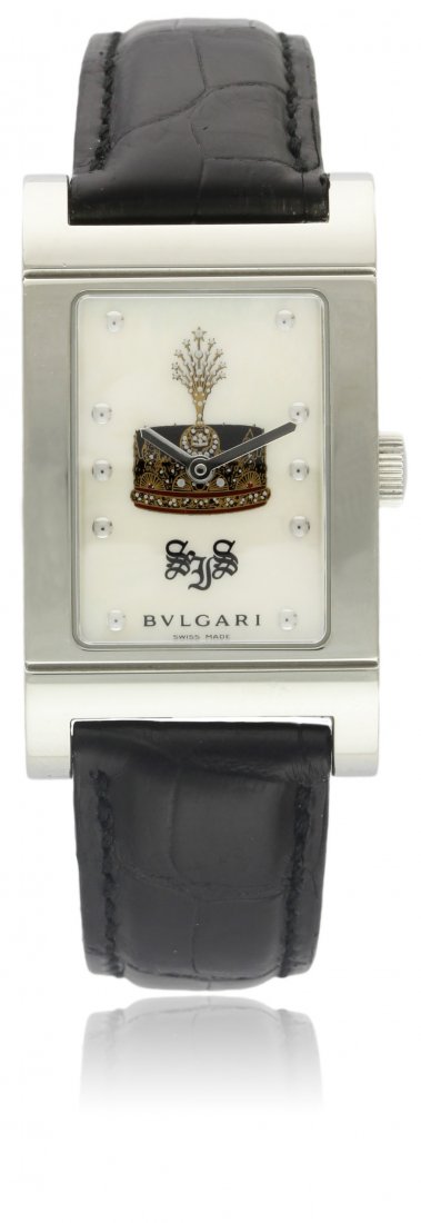 A RARE GENTLEMAN'S STAINLESS STEEL BULGARI RETTANGOLO: A RARE GENTLEMAN'S STAINLESS STEEL BULGARI RETTANGOLO WRISTWATCH DATED 2003 FROM CASE BACK INSCRIPTION FROM H.R.H. SULTAN IDRIS SHAH CORONATION, REF. RT 45 S LIMITED EDITION OF 100 PIECES D: Mother of