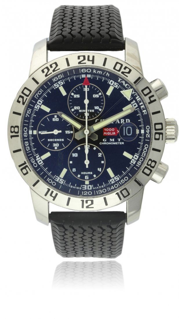 A GENTLEMAN'S STAINLESS STEEL CHOPARD MILLE MIGLIA GMT: A GENTLEMAN'S STAINLESS STEEL CHOPARD MILLE MIGLIA GMT CHRONOGRAPH WRISTWATCH CIRCA 2007, REF. 8992 D: Black dial with applied luminous markers, triple register recording hours, minutes & continuous s