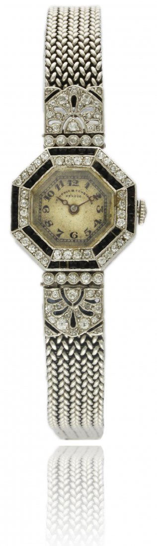 A FINE & RARE LADIES PLATINUM, DIAMOND & SAPPHIRE: A FINE & RARE LADIES PLATINUM, DIAMOND & SAPPHIRE VACHERON & CONSTANTIN ART DECO BRACELET WATCH CIRCA 1930, WITH FITTED BOX D: Silver dial with applied Arabic numerals, Breguet hands. M: 18 jewel manu