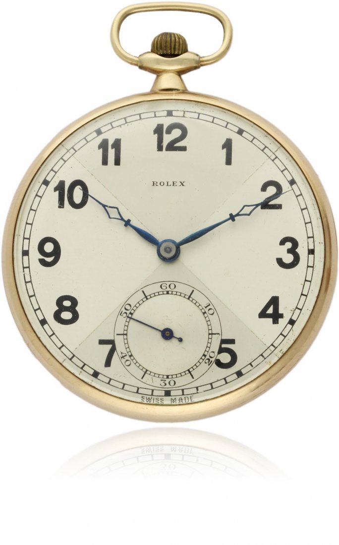 A RARE GENTLEMAN'S 9CT SOLID GOLD ROLEX POCKET WATCH: A RARE GENTLEMAN'S 9CT SOLID GOLD ROLEX POCKET WATCH CIRCA 1920s, REF 2217 D: Two tone quartered silver dial with applied Arabic numerals, subsidiary second, original blue steel hands. M: 15 jewel key