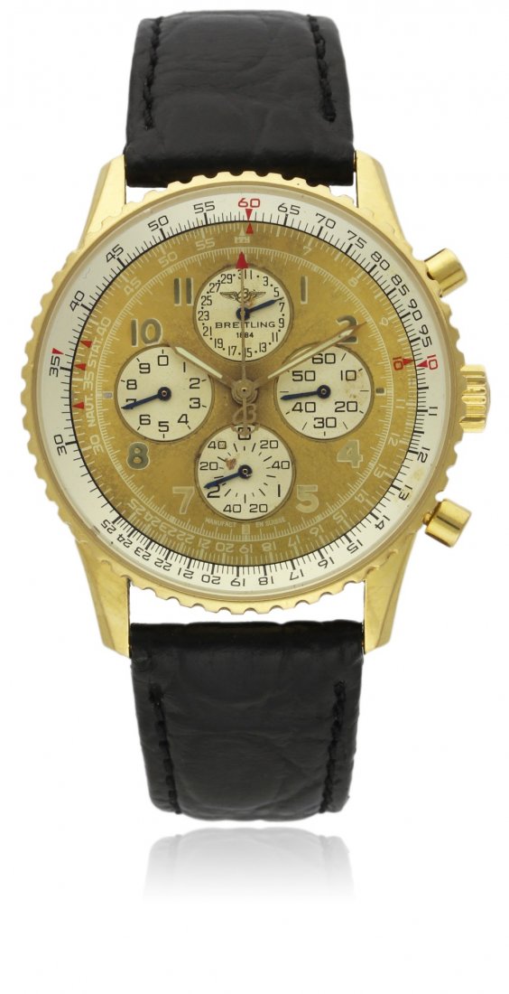 A RARE GENTLEMAN'S 18K SOLID GOLD BREITLING AIRBORNE: A RARE GENTLEMAN'S 18K SOLID GOLD BREITLING AIRBORNE NAVITIMER CHRONOGRAPH WRISTWATCH CIRCA 1998, REF. K33030 D: Gold colour sunburst dial with applied luminous Arabic numerals, four silver sub-dials 