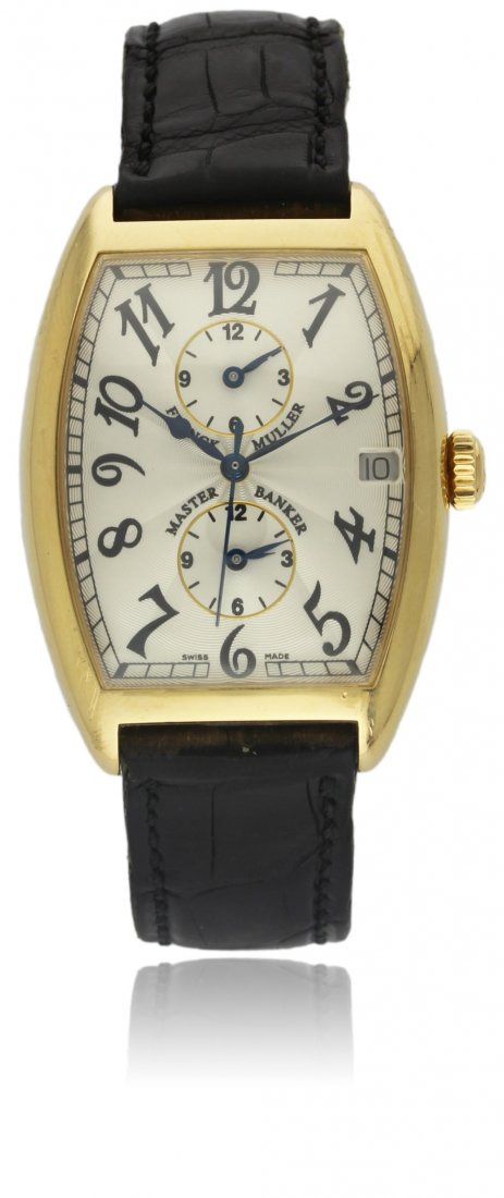 A GENTLEMAN'S 18K SOLID GOLD FRANCK MULLER MASTER: A GENTLEMAN'S 18K SOLID GOLD FRANCK MULLER MASTER BANKER HAVANA WRISTWATCH CIRCA 2002, REF. 2852 MB D: Silver engine turned dial with applied Arabic numerals, two subsidiary dials displaying different