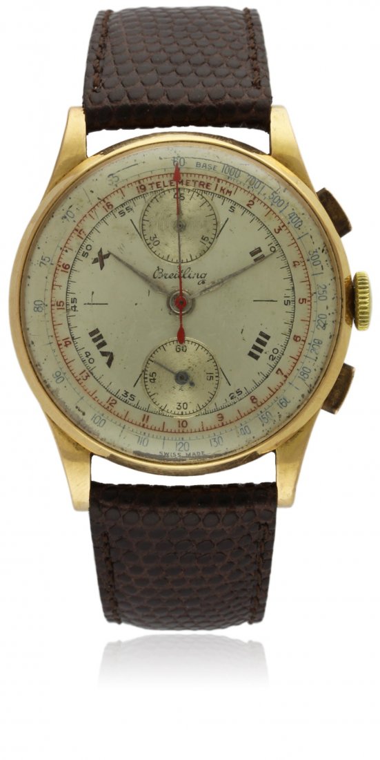 A GENTLEMAN'S 18 SOLID GOLD BREITLING CHRONOGRAPH WRIST: A GENTLEMAN'S 18 SOLID GOLD BREITLING CHRONOGRAPH WRIST WATCH CIRCA 1940s, REF. 131 D: Silver dial with applied Roman numerals & markers, outer telemetre & base scales, two ''up & down'' registers rec