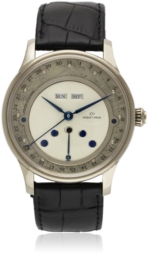A FINE & RARE GENTLEMAN'S 18K SOLID WHITE GOLD JAQUET: A FINE & RARE GENTLEMAN'S 18K SOLID WHITE GOLD JAQUET DROZ 'LES LUNES' METEORITE TRIPLE CALENDAR RETROGRADE MOONPHASE WRIST WATCH CIRCA 2004, REF. J012624207 LIMITED EDITION NO. 1 OF 8 PIECES, WITH OR