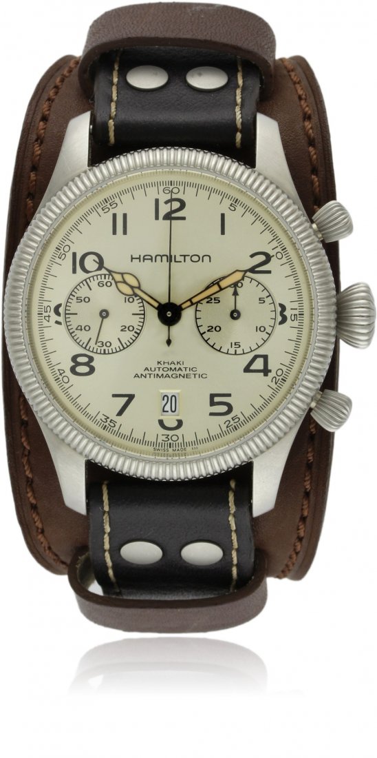 A GENTLEMAN'S STAINLESS STEEL HAMILTON KHAKI: A GENTLEMAN'S STAINLESS STEEL HAMILTON KHAKI CONSERVATION HARRISON FORD CHRONOGRAPH WRIST WATCH DATED 2013, REF. H60U16553 WITH ORIGINAL BOX & PAPERS D: Silver dial with applied Arabic numerals & cath