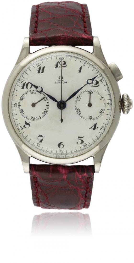 A RARE GENTLEMAN'S STAINLESS STEEL OMEGA SINGLE BUTTON: A RARE GENTLEMAN'S STAINLESS STEEL OMEGA SINGLE BUTTON 33.3 CHRONOGRAPH WRIST WATCH CIRCA 1939, REF. 9016817 D: White enamel dial with applied Breguet numerals & Breguet hands, double register recordi