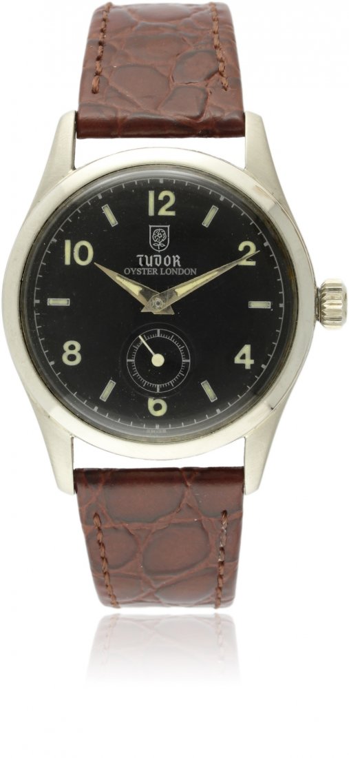 A GENTLEMAN'S STAINLESS STEEL ROLEX TUDOR OYSTER WRIST: A GENTLEMAN'S STAINLESS STEEL ROLEX TUDOR OYSTER WRIST WATCH CIRCA 1940s, REF. 4540 D: Black dial with bi-hourly applied luminous Arabic numerals & markers, subsidiary seconds, dauphine hands. M: 17 j