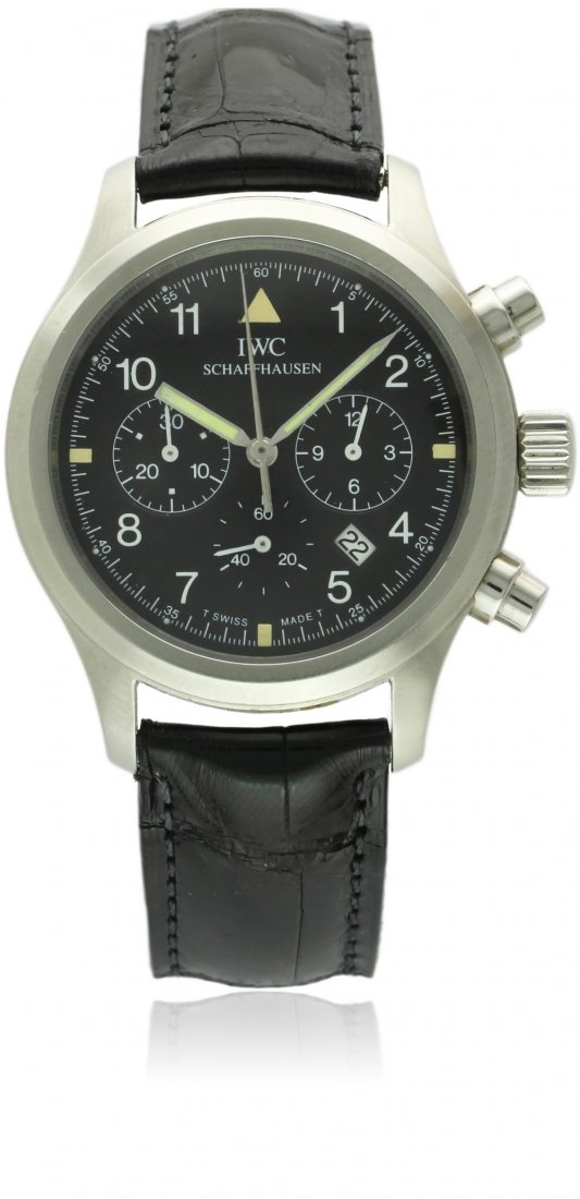 A GENTLEMAN'S STAINLESS STEEL MILITARY STYLE IWC DER: A GENTLEMAN'S STAINLESS STEEL MILITARY STYLE IWC DER FLIEGER CHRONOGRAPH WRIST WATCH CIRCA 1990s, REF. 3741 D: Black dial with applied Arabic numerals & luminous markers, triple register recording hou