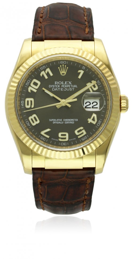 A GENTLEMAN'S 18K SOLID GOLD ROLEX OYSTER PERPETUAL: A GENTLEMAN'S 18K SOLID GOLD ROLEX OYSTER PERPETUAL DATEJUST WRIST WATCH DATED 2011, REF. 116138 WITH BOX & PAPERS D: Two tone brown dial with luminous inlaid gold Arabic numerals, date aperture. M: A