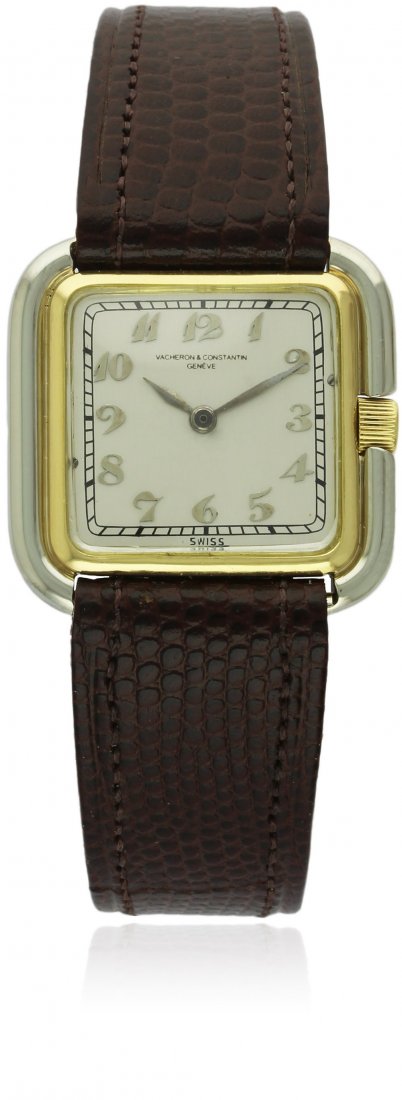 A GENTLEMAN'S TWO COLOUR 18K SOLID GOLD VACHERON &: A GENTLEMAN'S TWO COLOUR 18K SOLID GOLD VACHERON & CONSTANTIN WRIST WATCH CIRCA 1930s D: Silver dial with raised silver Breguet numerals. M: 15 jewel manual wind movement signed Vacheron & Constantin