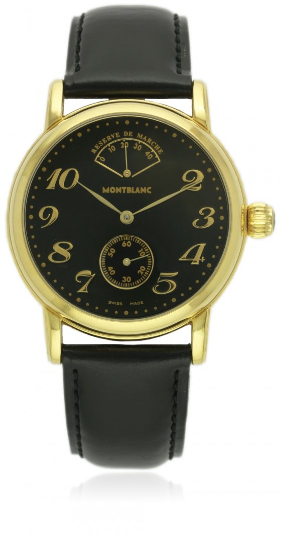 A GENTLEMAN'S GOLD PLATED MONTBLANC MEISTERSTUCK POWER: A GENTLEMAN'S GOLD PLATED MONTBLANC MEISTERSTUCK POWER RESERVE WRIST WATCH CIRCA 2000, REF. 7003 WITH ORIGINAL BOX D: Black dial with applied gilt Arabic numerals, power reserve indicator & subsidiary