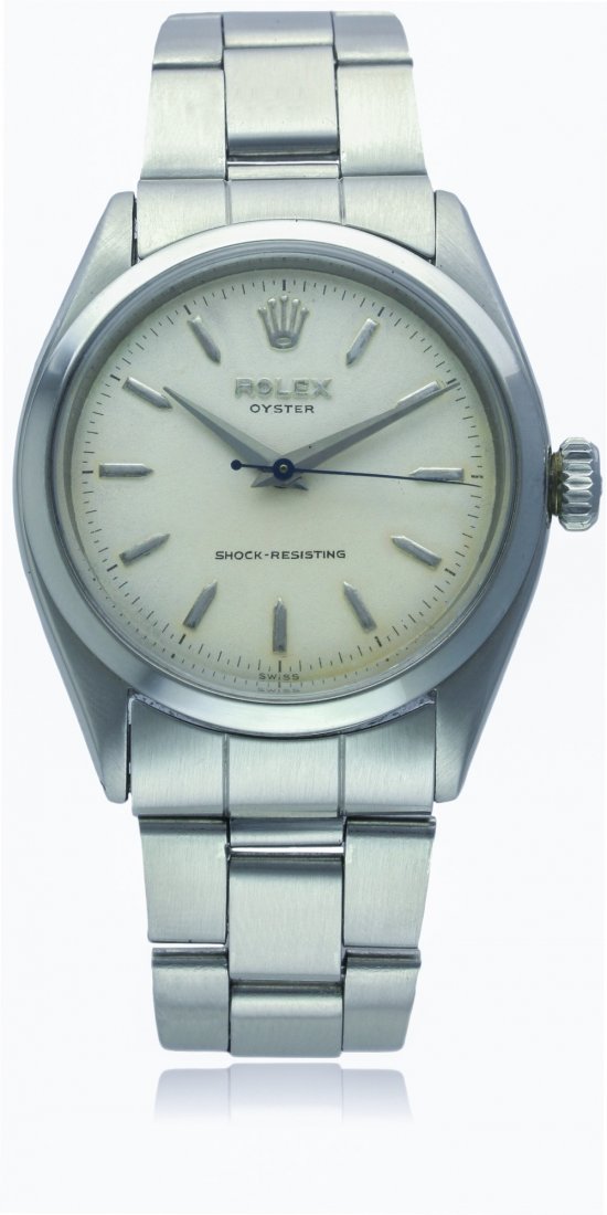 A GENTLEMAN'S STAINLESS STEEL ROLEX OYSTER BRACELET: A GENTLEMAN'S STAINLESS STEEL ROLEX OYSTER BRACELET WATCH CIRCA 1955, REF. 6480 D: Silver dial with silver batons & dauphine hands. M: 17 jewel manual wind movement, signed Montres Rolex S.A. & number