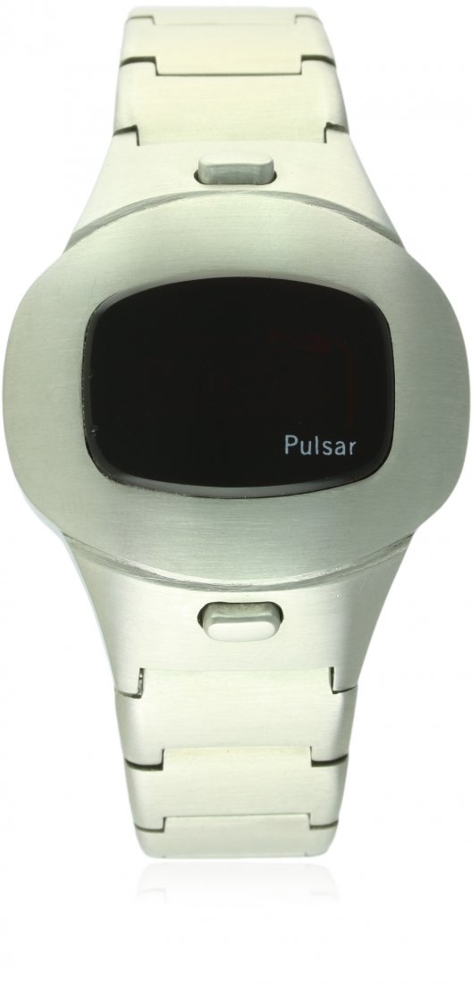 A GENTLEMAN'S STAINLESS STEEL PULSAR TIME COMPUTER LED: A GENTLEMAN'S STAINLESS STEEL PULSAR TIME COMPUTER LED BRACELET WATCH CIRCA 1980s, WITH ORIGINAL BOX & BOOKLET D: Quartz crystal digital display, signed Pulsar. M: Quartz movement. C: Cushion shaped c