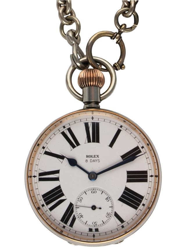 A RARE GENTLEMAN'S LARGE NICKEL CASED 8 DAY ROLEX RAIL: A RARE GENTLEMAN'S LARGE NICKEL CASED 8 DAY ROLEX RAIL ROAD POCKET WATCH CIRCA 1930s WITH A LARGE NICKEL CHAIN AND FOB D: White enamel dial with Roman numerals, subsidiary seconds. M: 8 day keyless wi