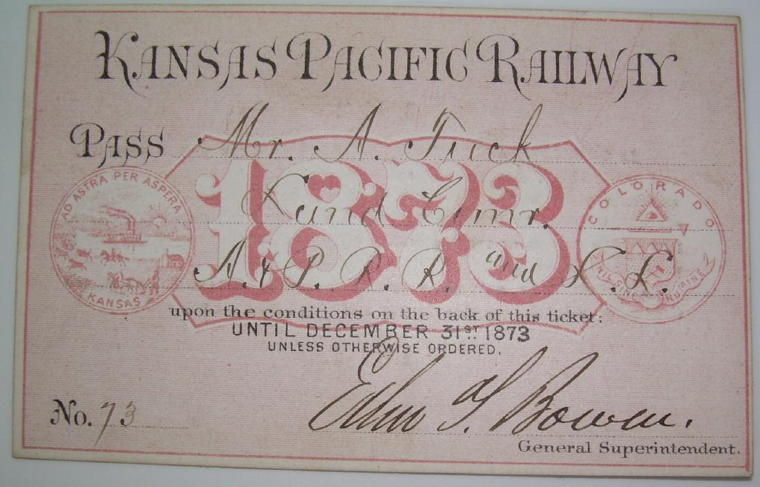 Kansas Pacific Railway Annual Pass 1873 (1 of 2)