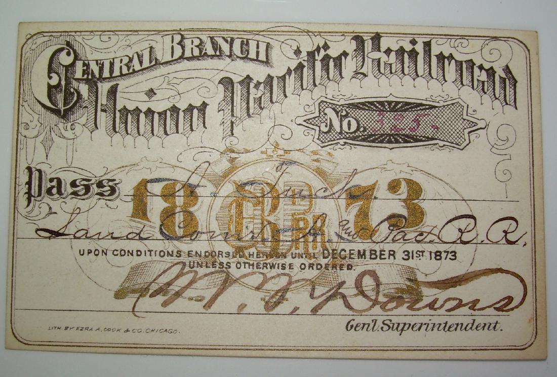 Union Pacific Railway Central Branch 1873 Pass (1 of 2)