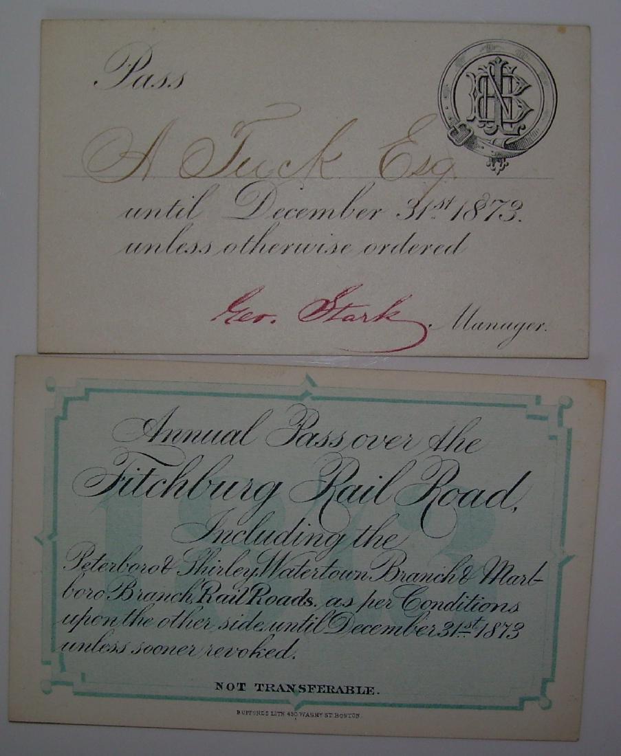 Boston Lowell &Nashua, Fitchburg 1873 Passes: A pair of 1873 annual passes from New England. Both are unusual: (1) Boston Lowell & Nashua with odd front and long list of branch lines on reverse (2) Fitchburg with odd front and branches on reverse