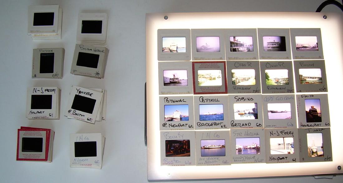 Color Transportation Slides - Boats & Ships (124): This group is made up of 5 distinct groups: (1) 1988 mixed = 27 (2) 1957 Ohio River, Boston = 27 (3) 1962 Bridgeport, Newport, Boston = 24 (4)1960 New port Boston = 20 (5) 1959-1962 New England = 26