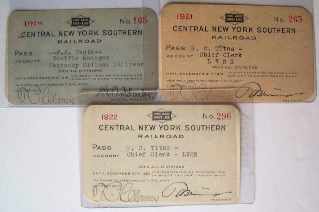 Central New York Southern Railroad Annual Passes: The Central New York Southern Railroad was nick names the Ithaca Auburn Shortline. This is a group of 3 passes from 1918, 1921, 1922.