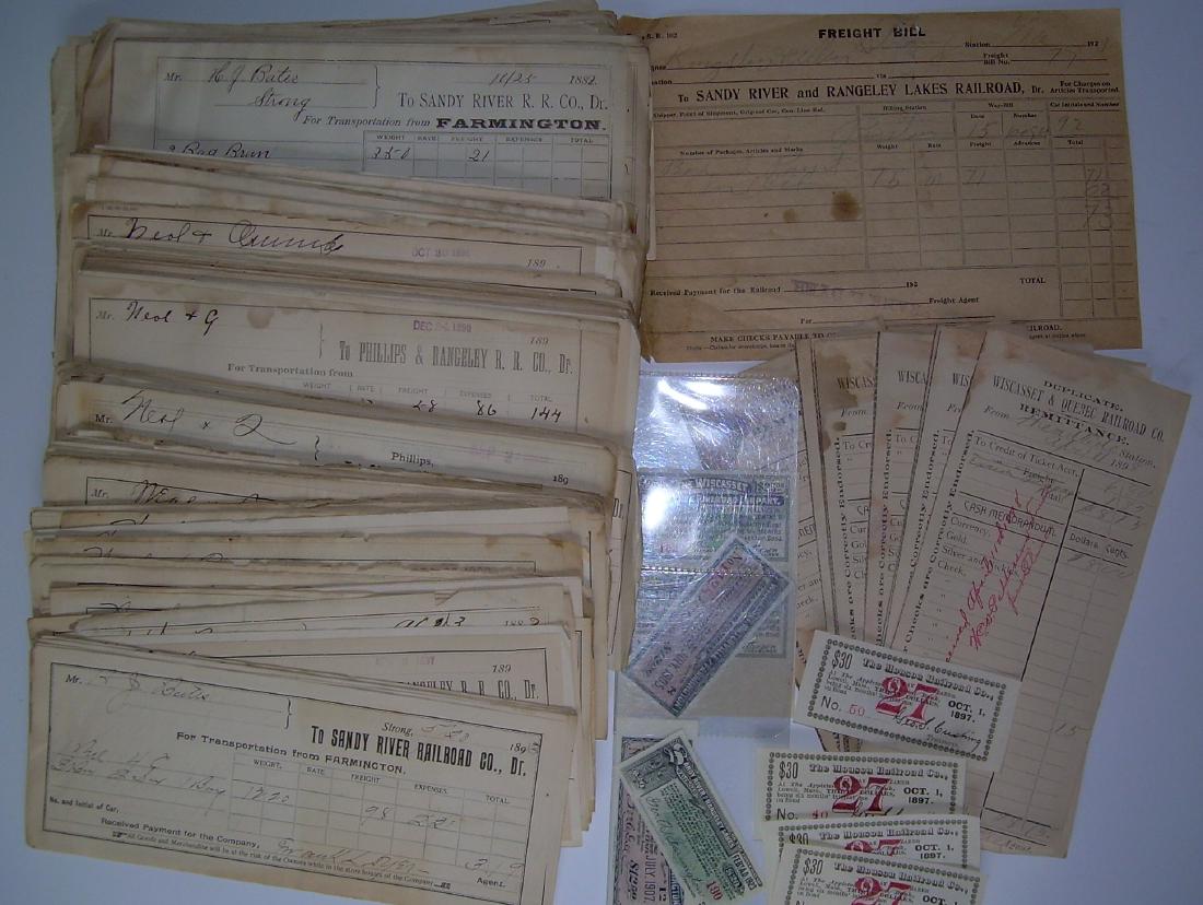 Maine Narrow Gauge Freight Receipts (100+): A fat stack of Sandy River and other SR&RL predecessor freight receipts. It is really a fat stack. All seem to be 1890s. A short stack of Wiscasset Waterville & Farmington freight receipts printed mor
