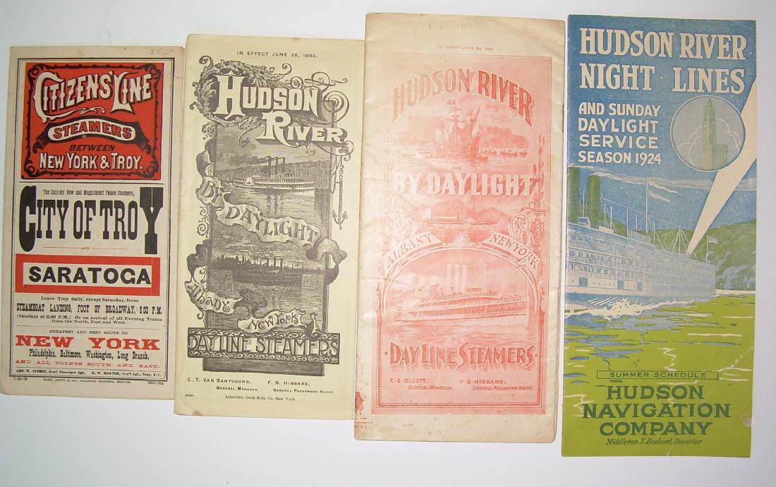 Hudson River Boat Timetables some Early: Hudson River steamboat schedules and advertising: 1879 Citizens Line - fine 3 panel folder, 1893 Day Line Steamers - nice folder. 2 others 1901, 1924.