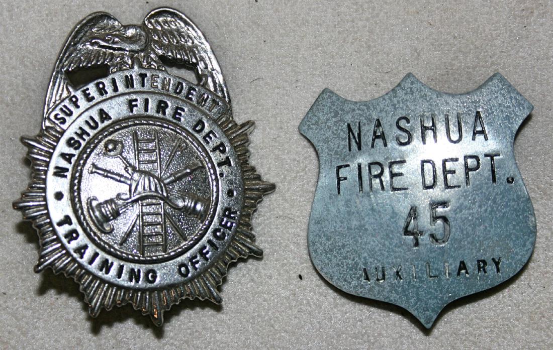 2 Badges: Nashua Firte Dept: superintendent, training officer & auxiliary