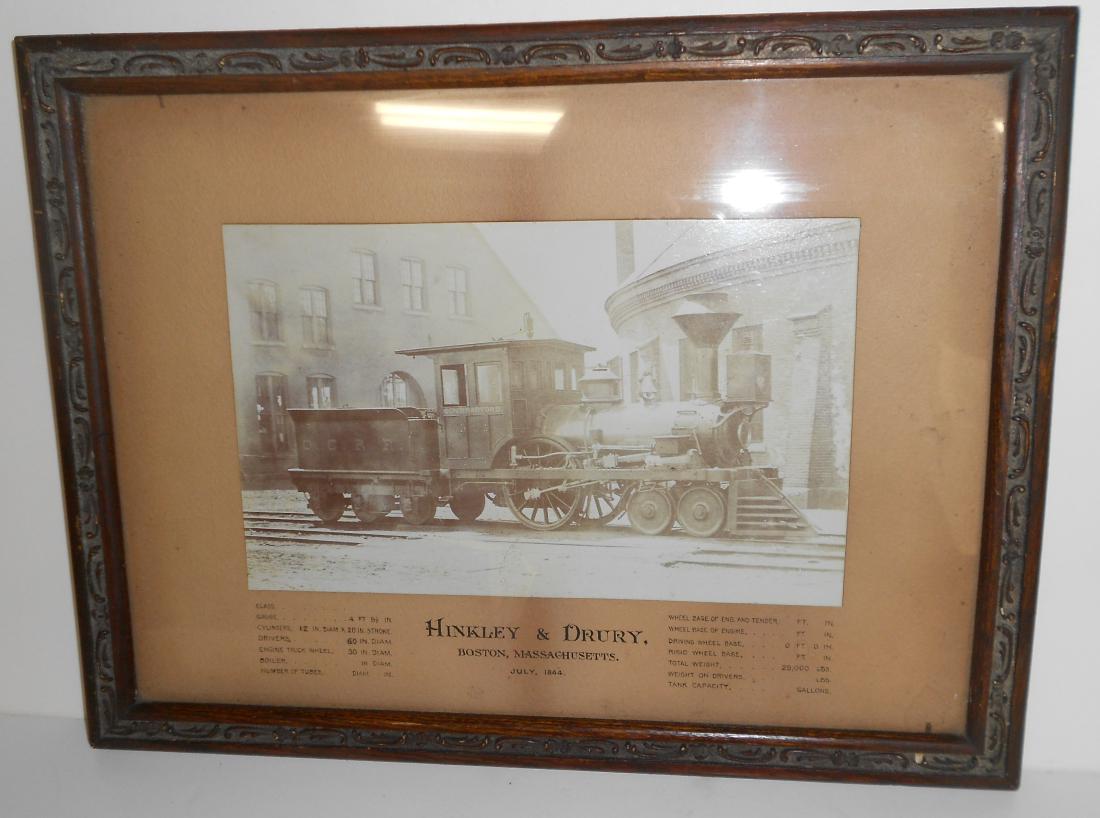 Old Colony Hinkley Framed Steam Locomotive: The builder is Hinkley & Drury in Boston for this very unusual 4-2-0 steam locomotive. The loco was named Governor Bradford and there is a date of 1844 on the reverse. The frame measures 17 1/2" by 13