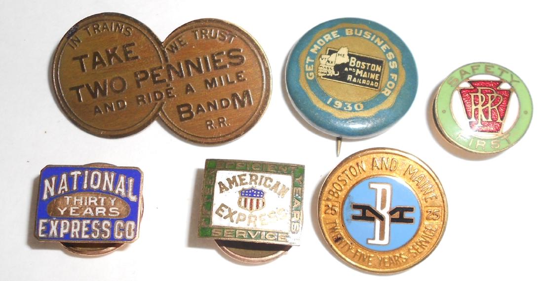 6 Pins:: Nat Express, Am Express, B&M, PRR: 5 smaller pins, some service: (1) "Two Pennies a Mile" from the Boston & Maine" (2) B&M hollow back 1930 with map (3) B&M 25 years of service (4) National Express 30 Years of Service (5) American Expr