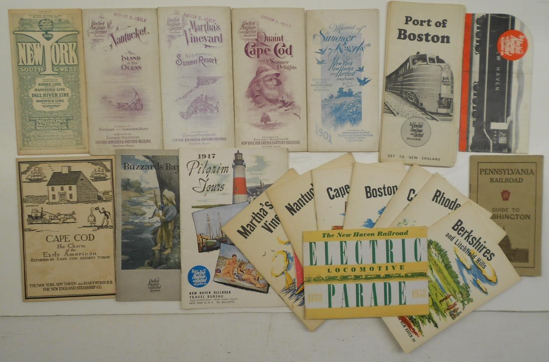 New Haven Travel & Timetables (19): A mixed bag of New Haven travel information. A1904 timetable, four travel booklets from 1901, 8 modern era destination booklets (Martha's Vineyard, Nantucket, Cape Cod, etc.) and a 1915 Buzzards Bay b