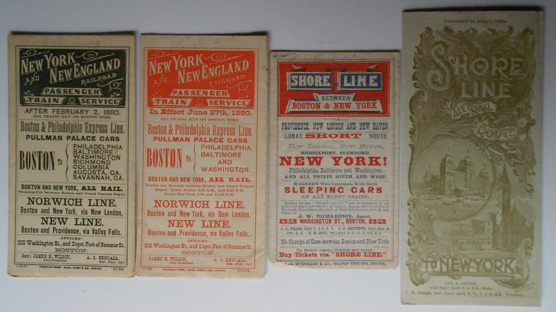 New Haven, NY&NE Public Timetables 1880-1889: A group of 4 public timetables from the New York & New England and New Haven related Railroads. (1) New York & New England 1/1/1880, NY&NE 6/27/1880, Shore Line with fancy multi-color printing 1882? ,