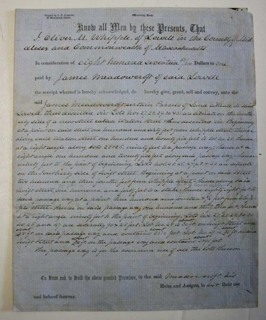 Document: Mass. deed dated 1855: Deed dated 1855, Lowell Mass by Oliver Whipple (owner of Famous Whipple Mills Gun Powder Manf, good cond