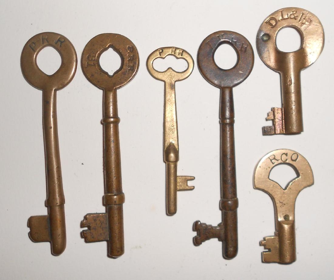 6 Keys with some Coach and Switch: Keys including Switch and Coach styles: 3 Pennsylvania marked PRR, Lehigh Valley coach, Reading and Lackawanna.