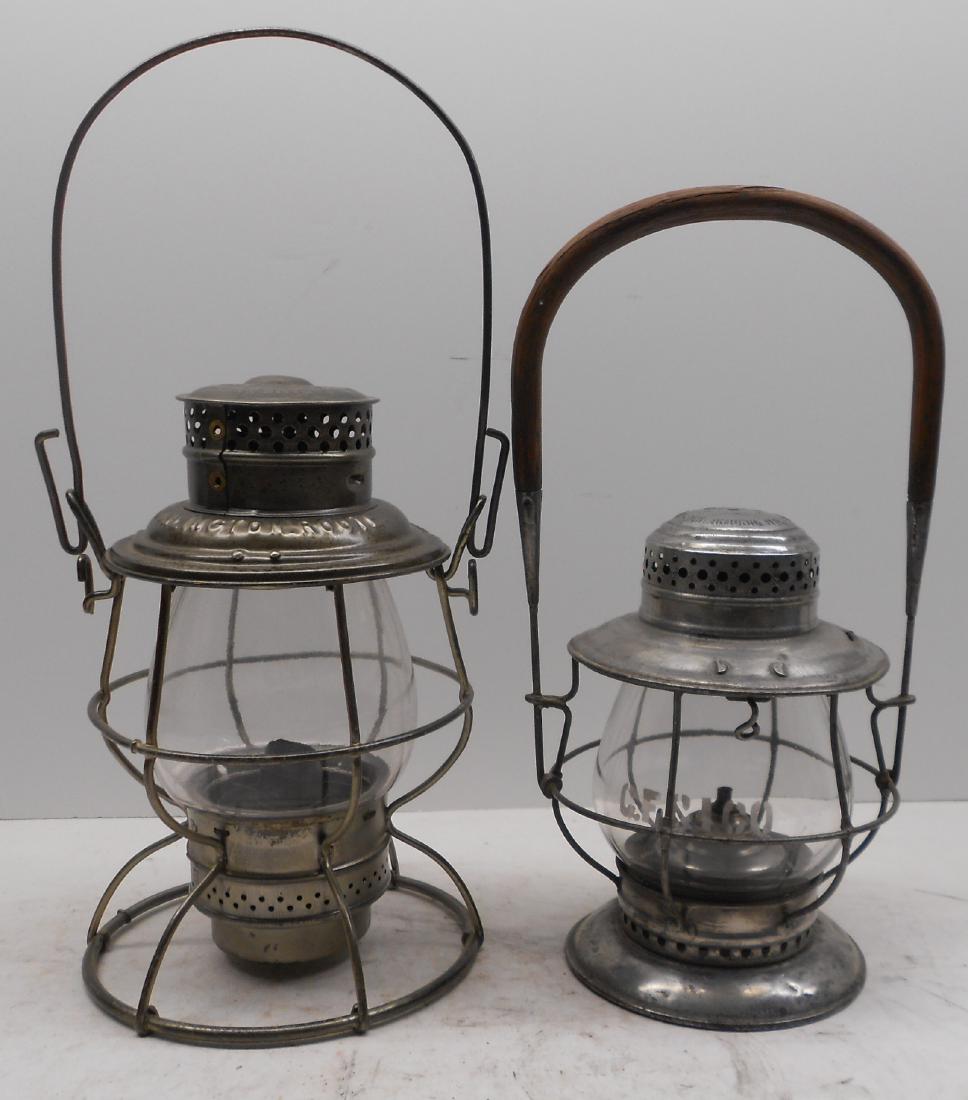Lanterns: Burlington Route, Colorado Fuel & Iron Moore: A pair of lanterns: (1) Burlington Route Adlake Reliable in old Klear Kote finish has BURLINGTON ROUTE nicely stamped on the lid. It has "273532" stamped in the panel on the lid. Unmarked clear globe