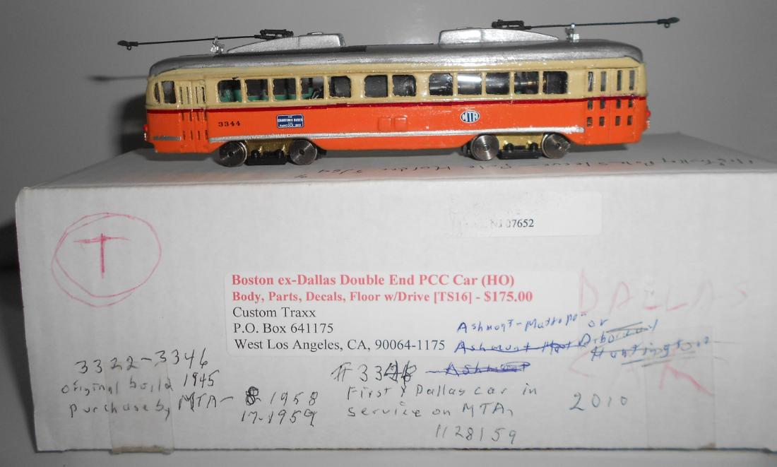 HO Custom Traxx Boston Trolley Double End PCC: The label says Custom Traxx as ex-Dallas Double End. It is painted yellow and orange in the MTA scheme as car #3344.