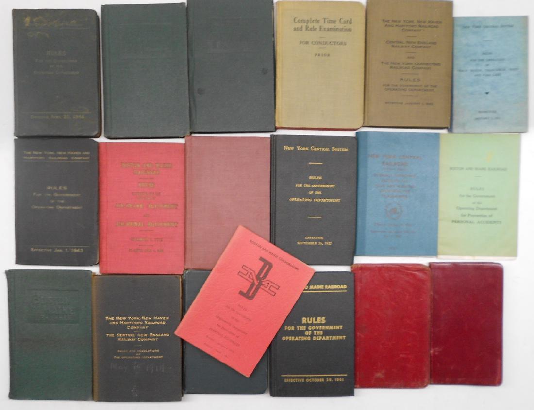 19 Rule Books, Similar Employee items: A group of 19 smaller books. Most are rule or instruction related. 2 are 1903 diaries with some personal information: Boston & Maine, New Haven and New York Central are featured. Expect used condition