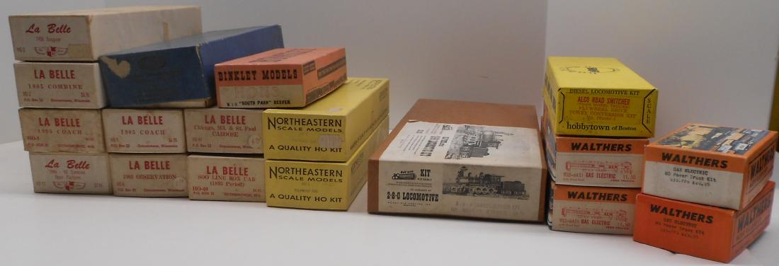 18 HO Scale Older Kits - Locomotives, Cars: A group of 18 older HO scale kits. One is actually an Ambroid "triple" kit. Manufactures include: LaBelle freight & passenger - many with appropriate Central Valley trucks. MDC - classic 2-8-0 steam l