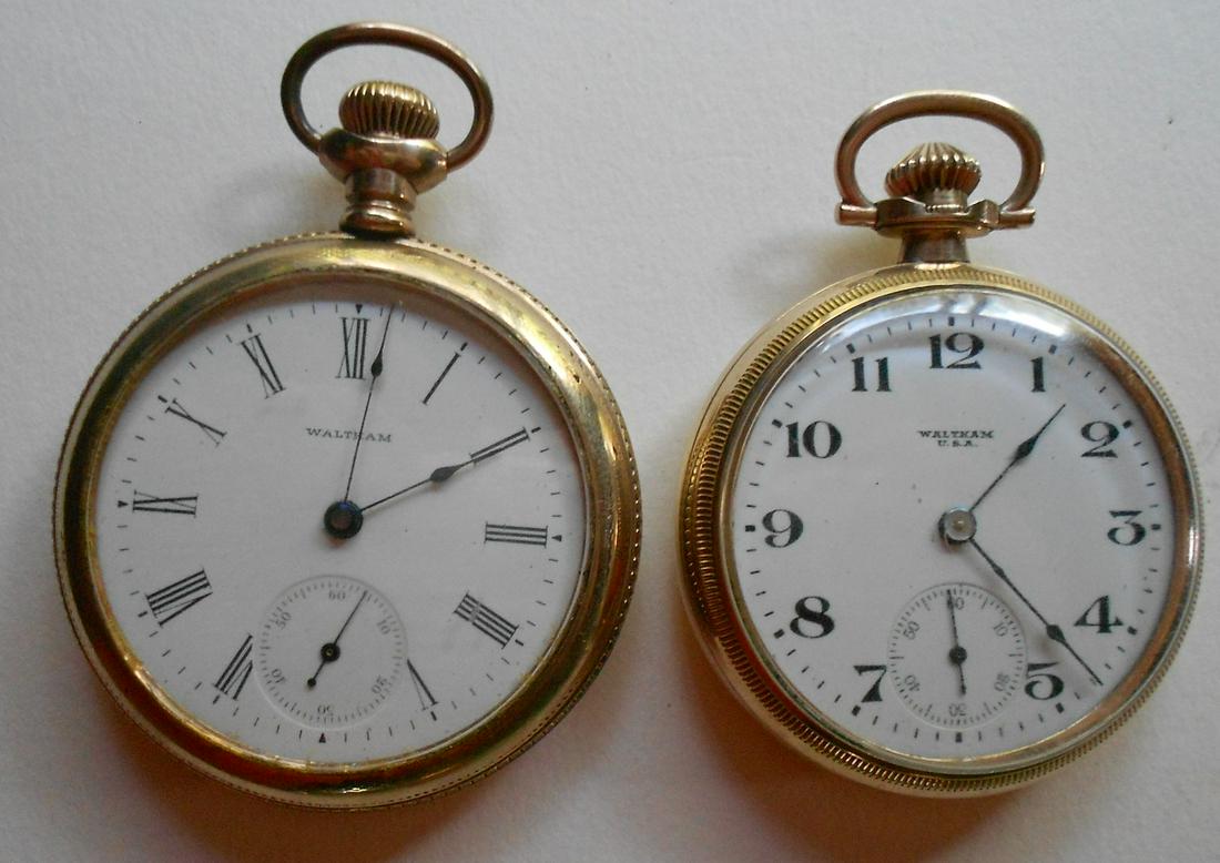 2 Waltham Gold Pocket Watches: A pair of Waltham Watch Company Pocket Watches: (1) Bond Street, 11 jewel, Roman numeral dial, with 6:00, 8488444, case = Keystone 20 Year = 6087386 (2) Railroad Model 15 jewel, Arabic numerals, 6:00,