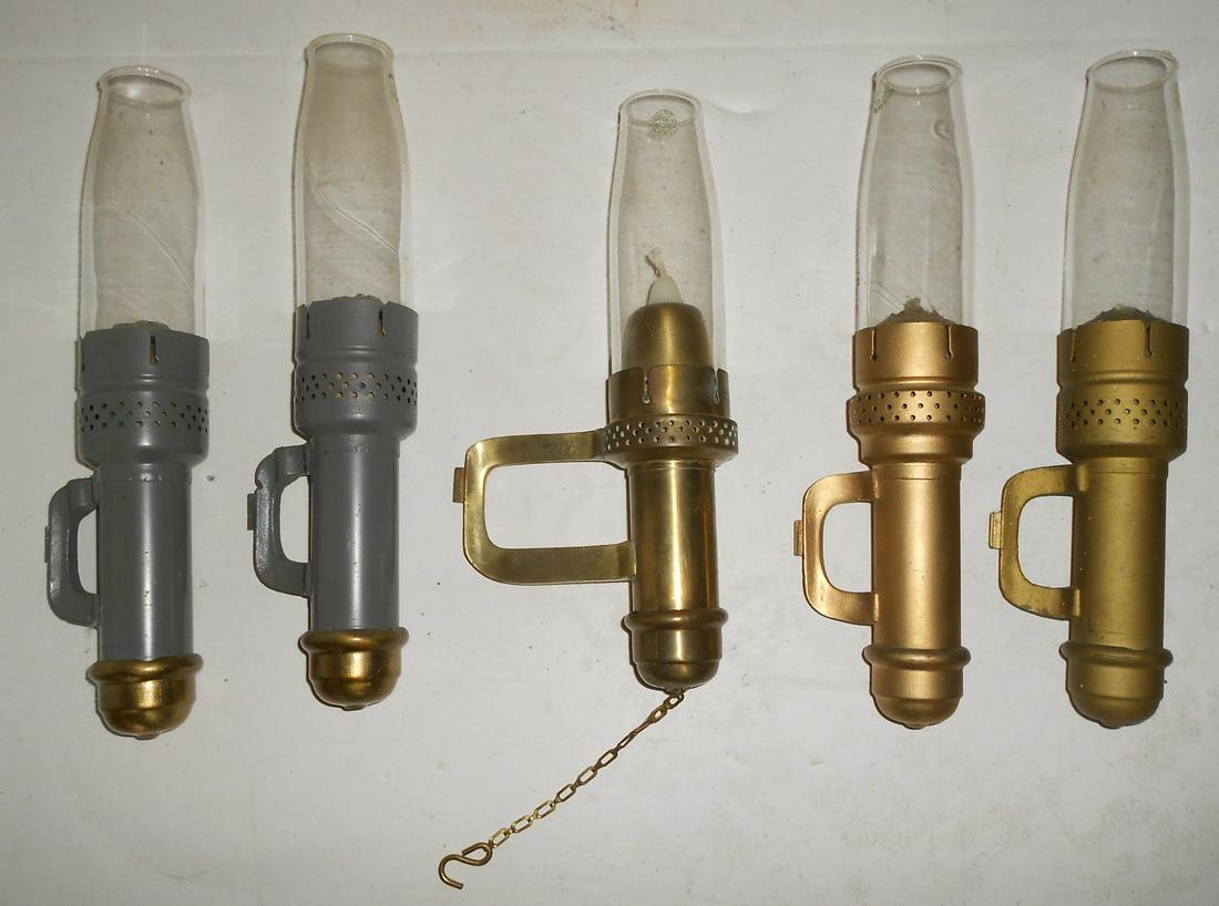 Railway Post Office Car Candle Lamps (5): Brass train car lamps used on Railway Post Office Cars and possibly on baggage cars.