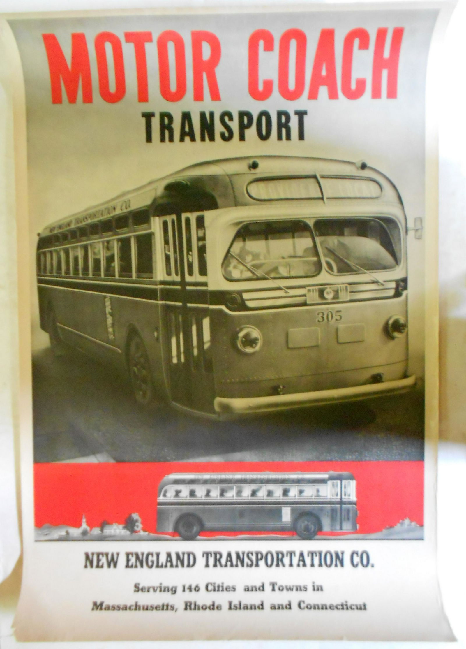 New Haven Railroad Motor Coach Poster: A 1930s era poster made for the New York, New Haven & Hartford Railroad. This poster is from a set of eight posters all coming out to promote the new I-5 classification streamlined steam locomotives.