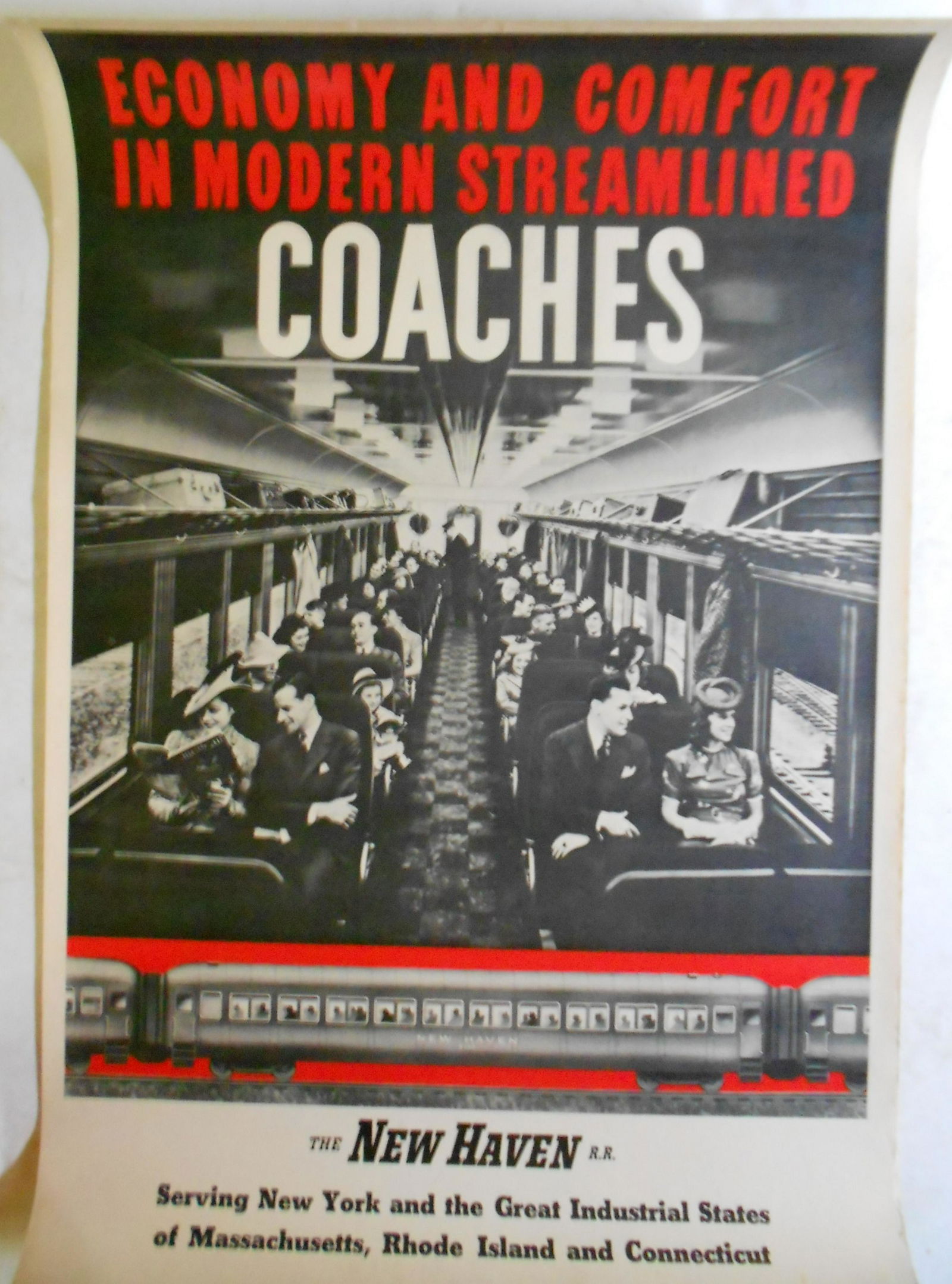 New Haven Railroad Coach Poster: A 1930s era poster made for the New York, New Haven & Hartford Railroad. This poster is from a set of eight posters all coming out to promote the new I-5 classification streamlined steam locomotives.