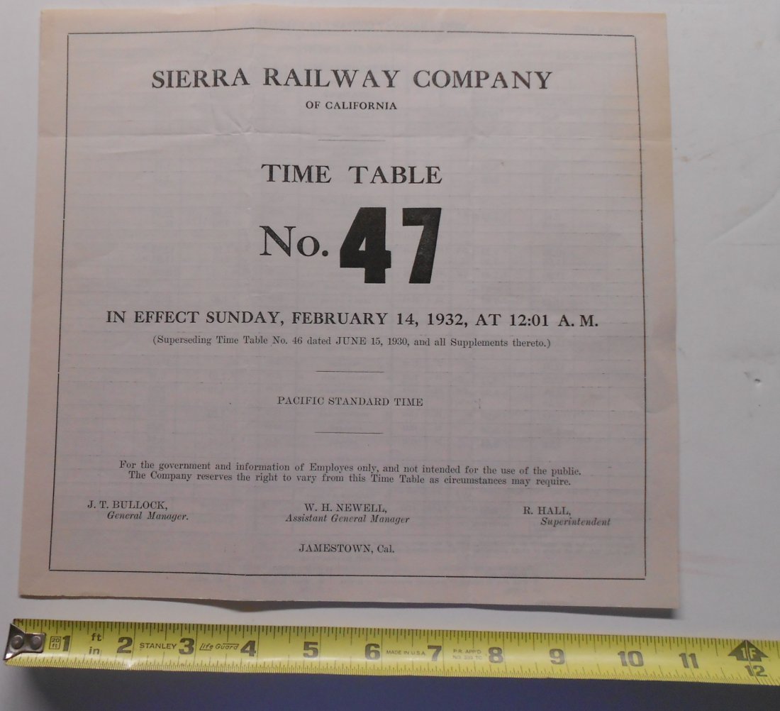 Sierra Railway Employee Timetable #47: The Sierra Railway Company of California had 2 branch lines in 1932. This timetable #47 is dated 2/14/1932 and it has 4 pages (cover + 2 interior + map on back). One old fold line, interior is fine.