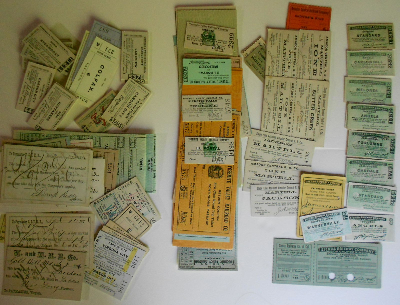 California & Nevada Railroad Tickets: A large group of tickets from California & Nevada. There are 4 basic groups: Virginia & Truckee with some from the 1800s. Amador Central that includes some Stage Coach tickets. Yosemite Valley & Sierr